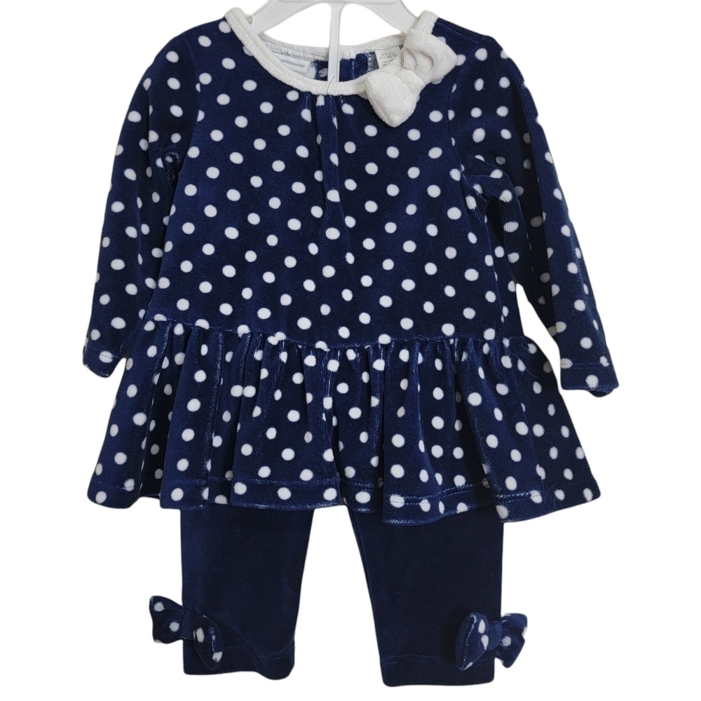 First Impressions Navy Blue White Polka Dot Velour Peplum Top & Bow Legging Set